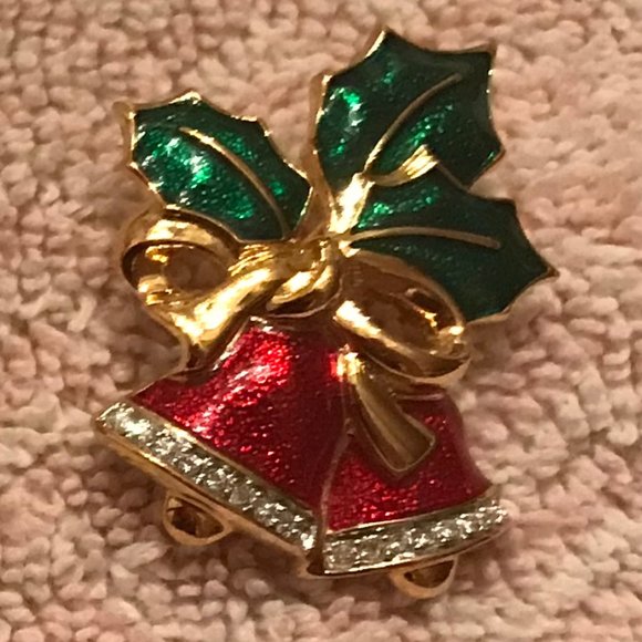 VTG CHRISTMAS Red Bells Pin w/ stones, bow + holly - Picture 1 of 5
